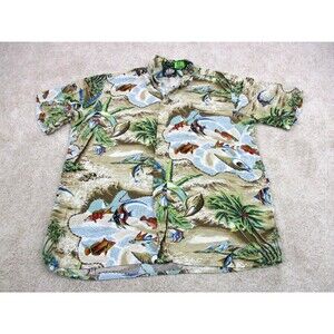 Reyn Spooner Shirt Mens Medium Hawaiian Graphic Print Fishing Casual Button Up